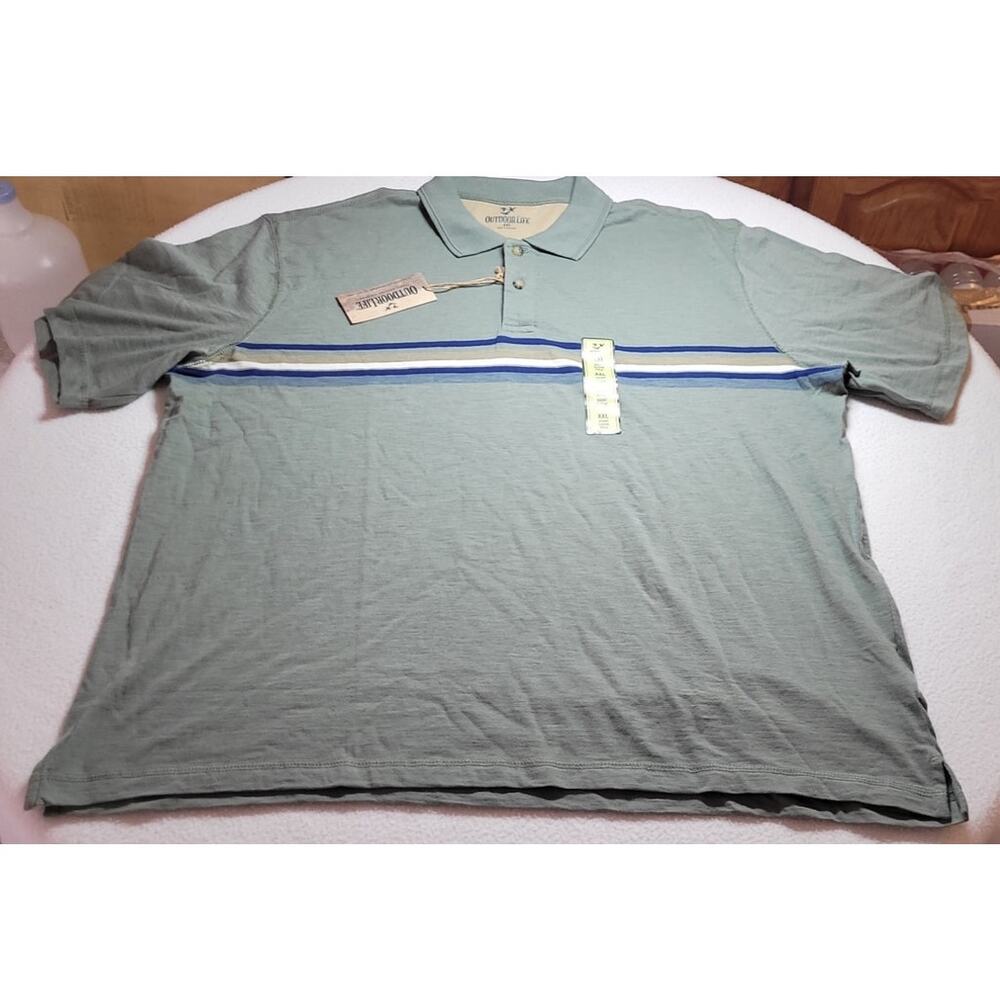 Outdoor Life Men's Polo T Shirt XXL Khaki Green Stripes Casual Short Sleeve NWT